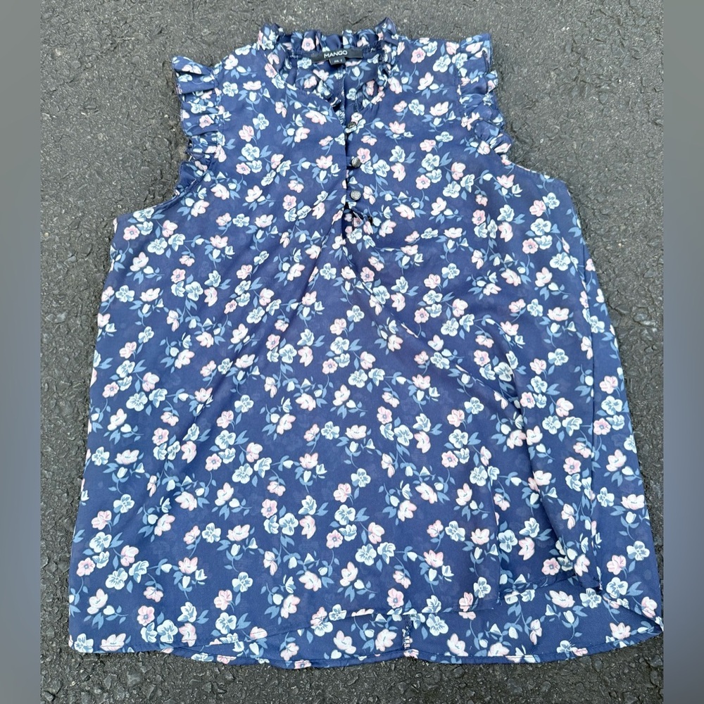 Mango Cherry Blossom Blouse Tank Top Blue Pink Dainty Casual Floral L